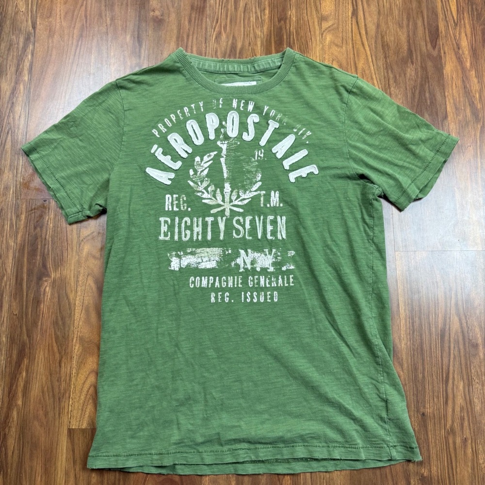 Aeropostale Y2K Mens Green T-Shirt Slub Knit Cotton Distressed Logo Medium